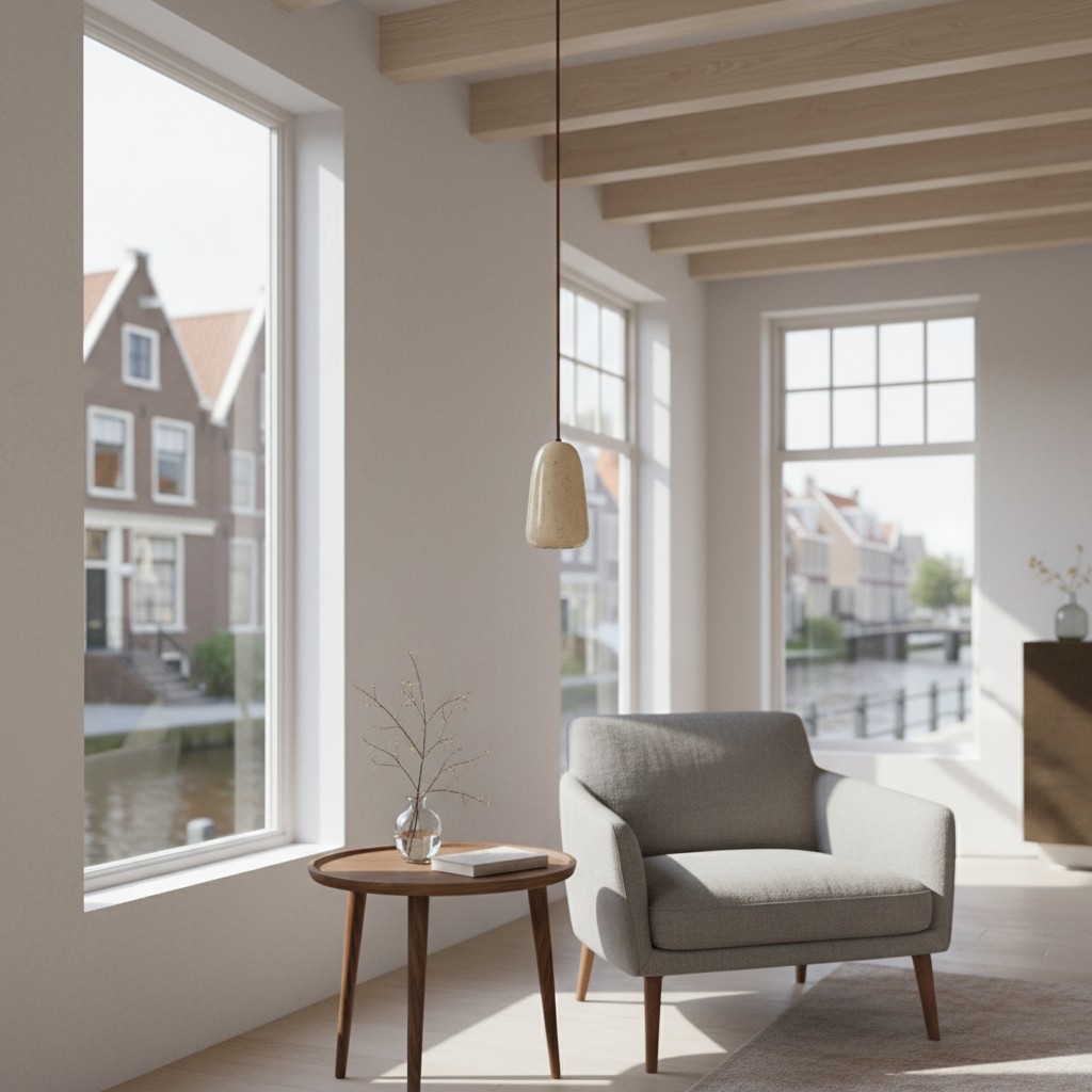 Travertijn hanglamp naast raam en fauteuil