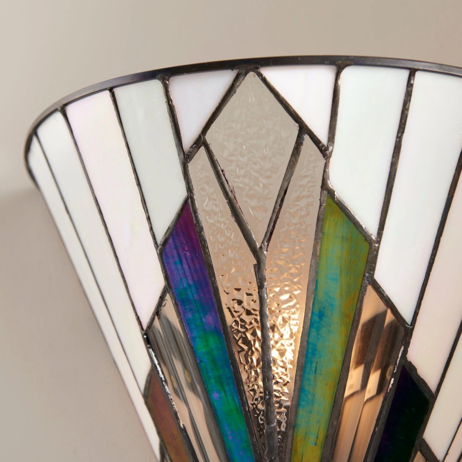 Colored geometric art glass panels and dark leading detail