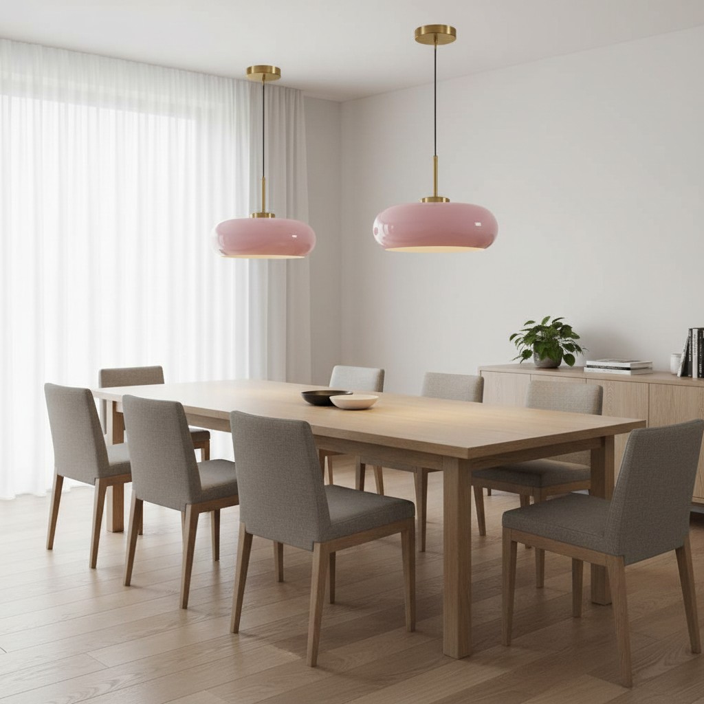 Roze hanglampen boven eettafel