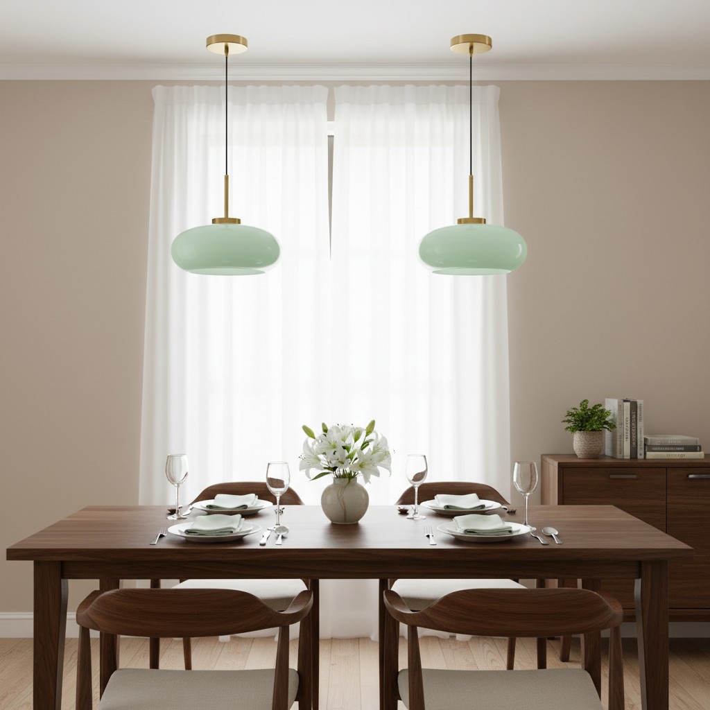 Mintgroene hanglampen boven eettafel