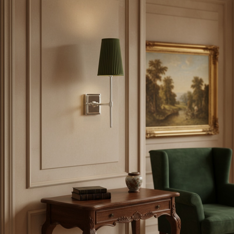 Derlina wandlamp met groene kap in woonkamer