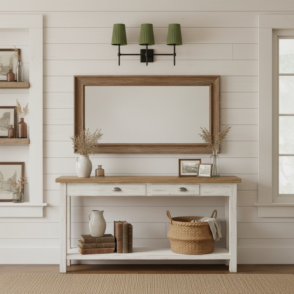 Derlina wandlamp met drie groene kappen boven console