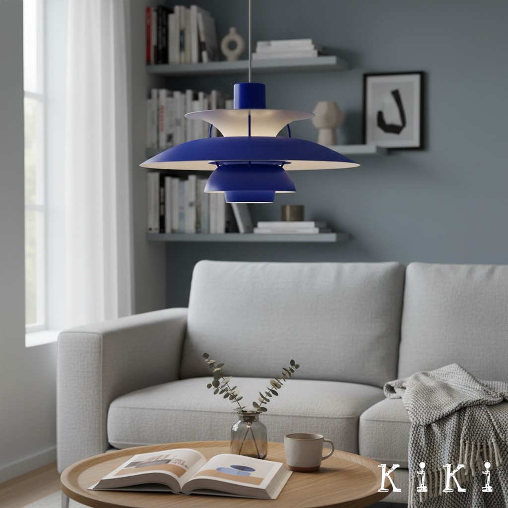Blauwe hanglamp in woonkamer