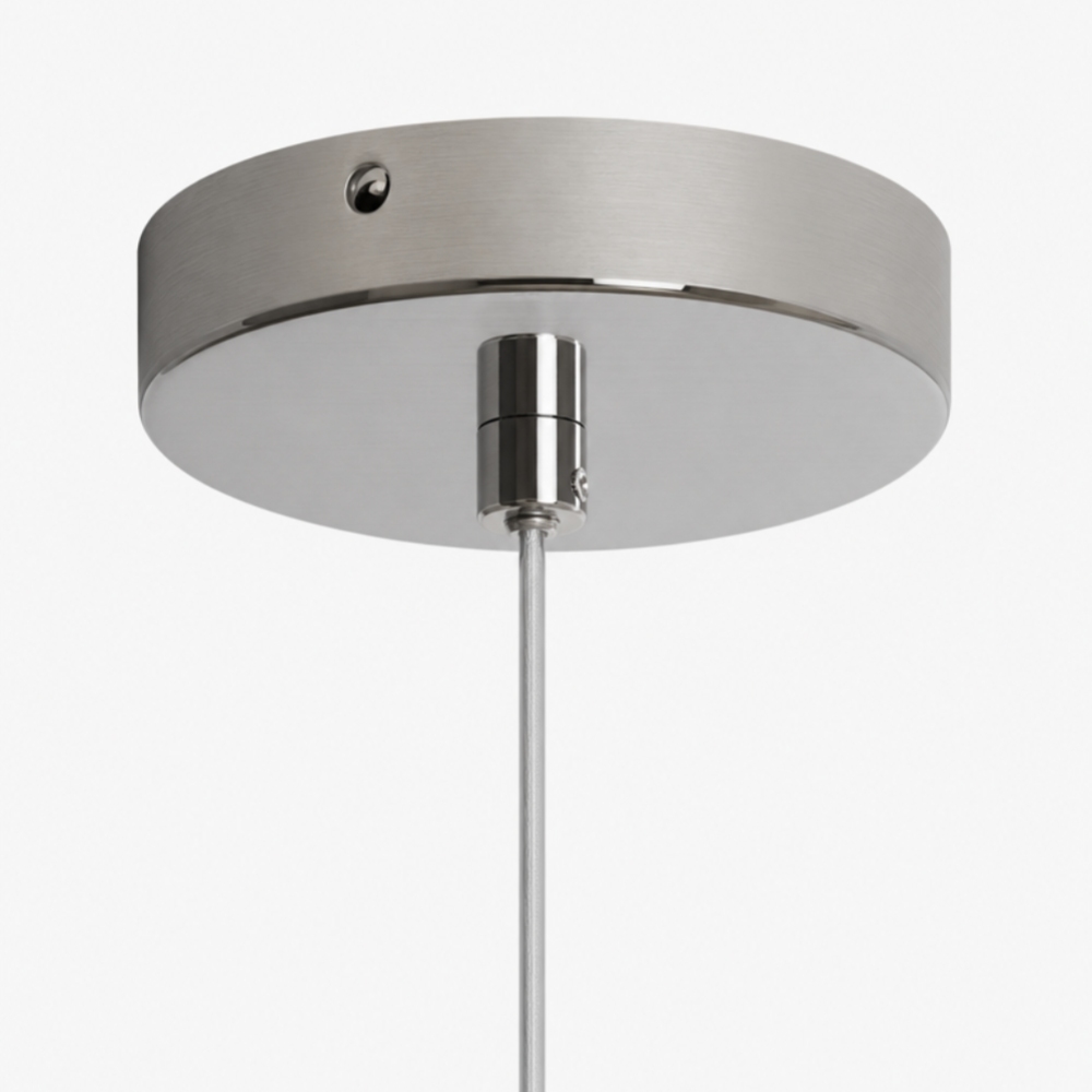 Chrome canopy and suspension detail of Mallew pendant