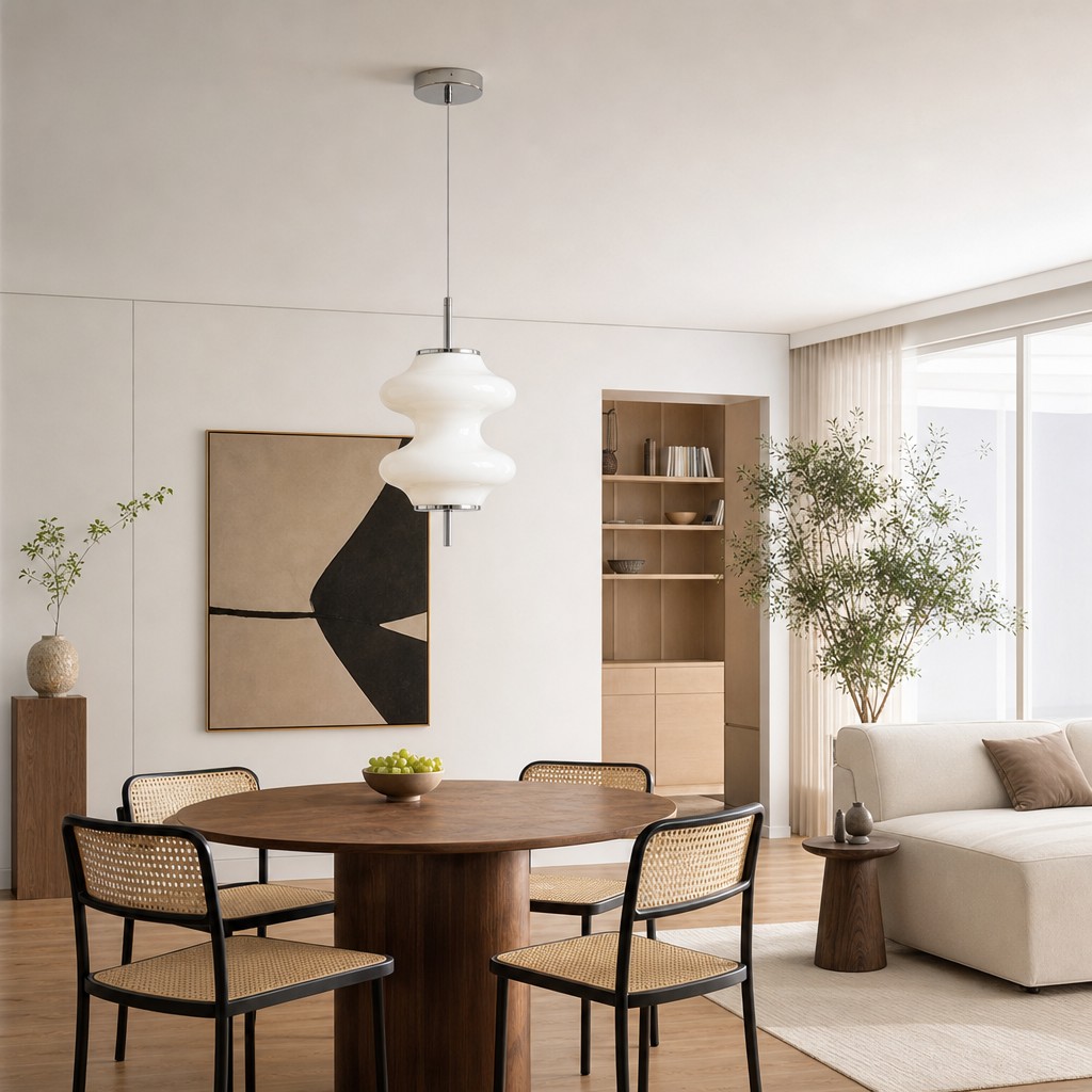 Mallew pendant above a warm wood dining table