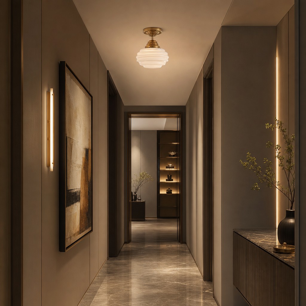 White and brass Cirren ceiling light in an entryway corridor