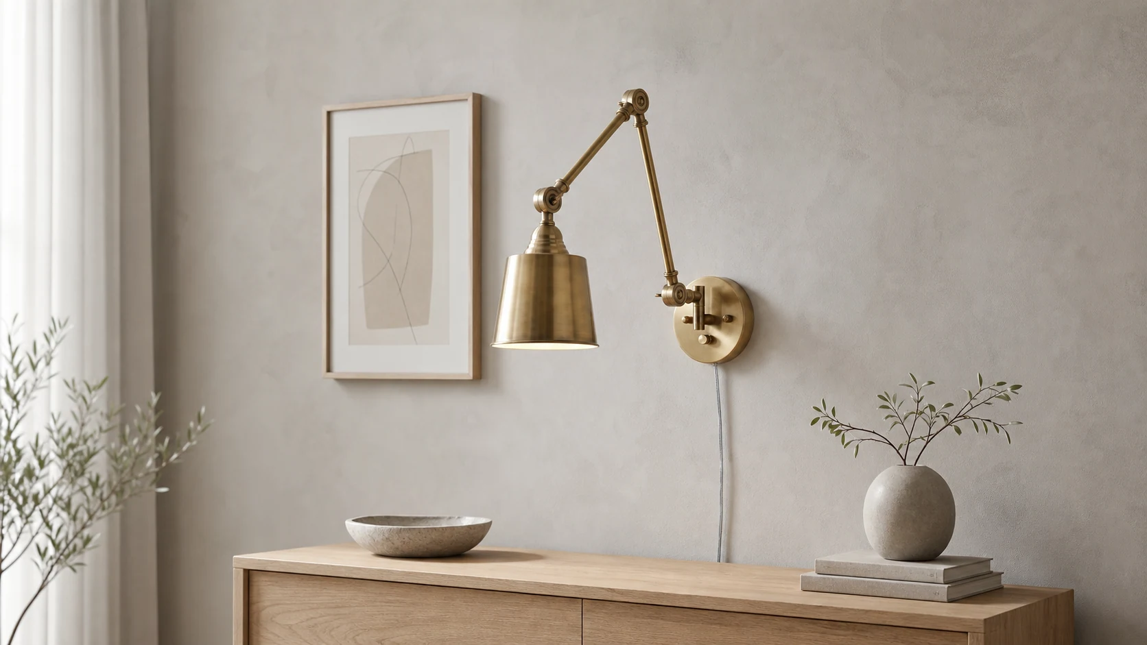 Brady adjustable brass wall lamp in a warm bedroom scene