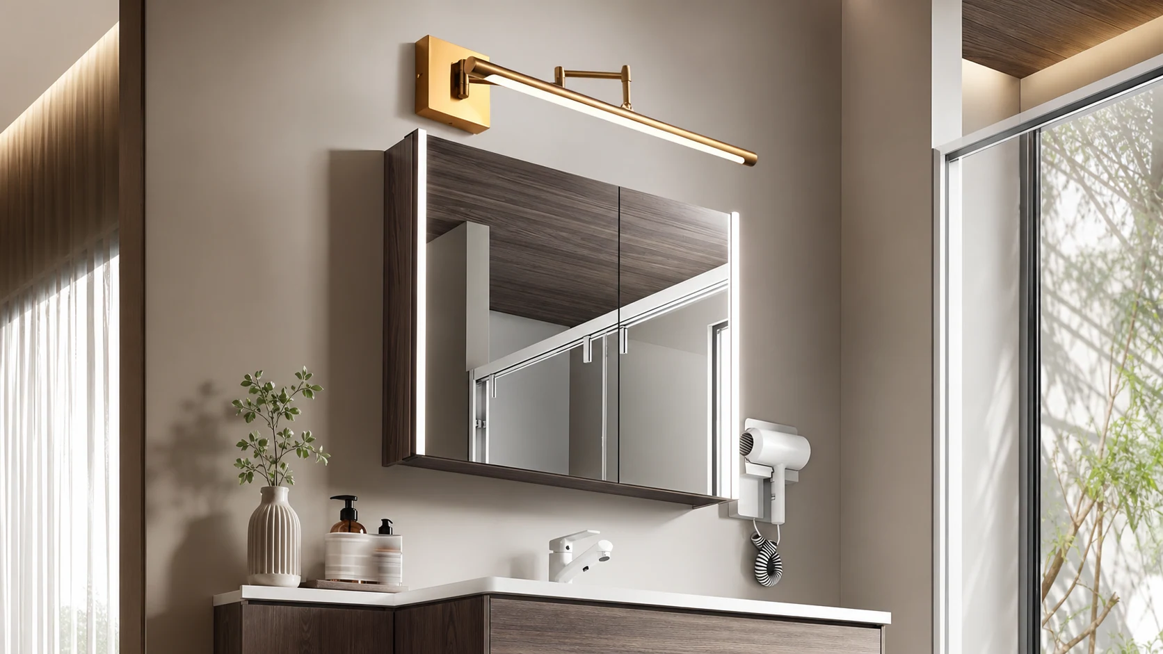 Edge gold mirror front wall lamp installed above a vanity mirror