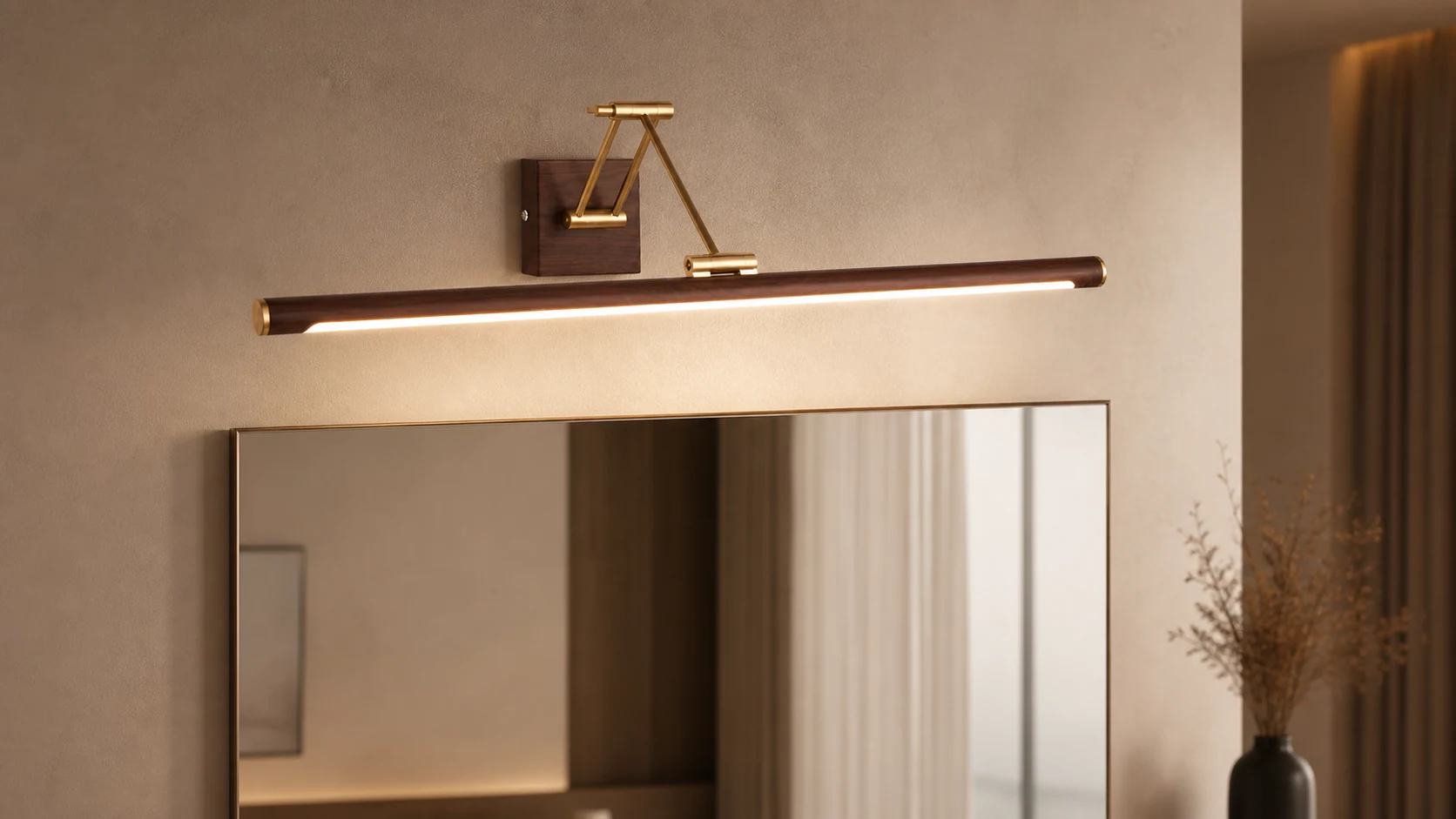 Walnut linear adjustable wall lamp in an interior scene