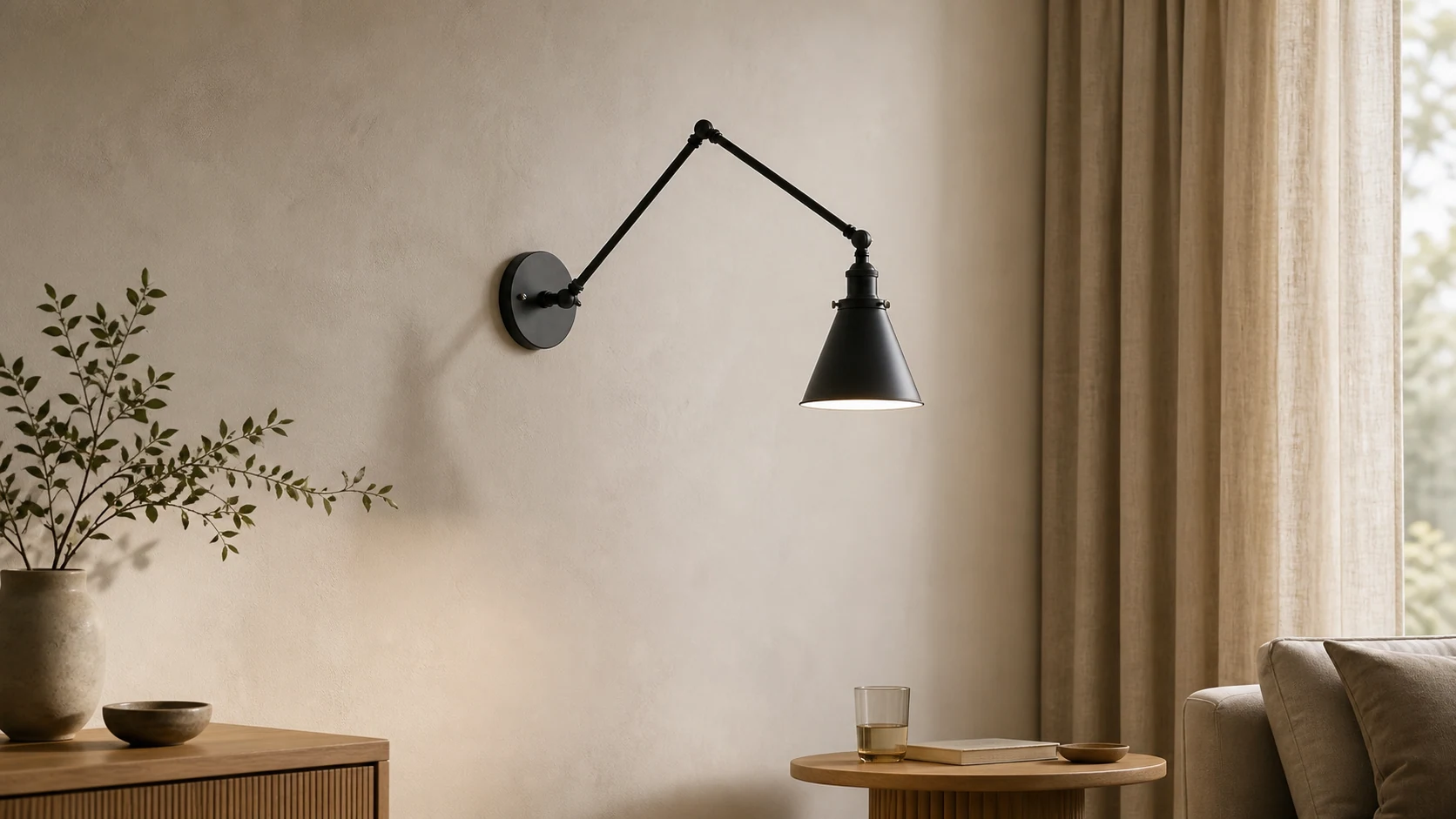 Adjustable industrial wall lamp in a warm interior scene