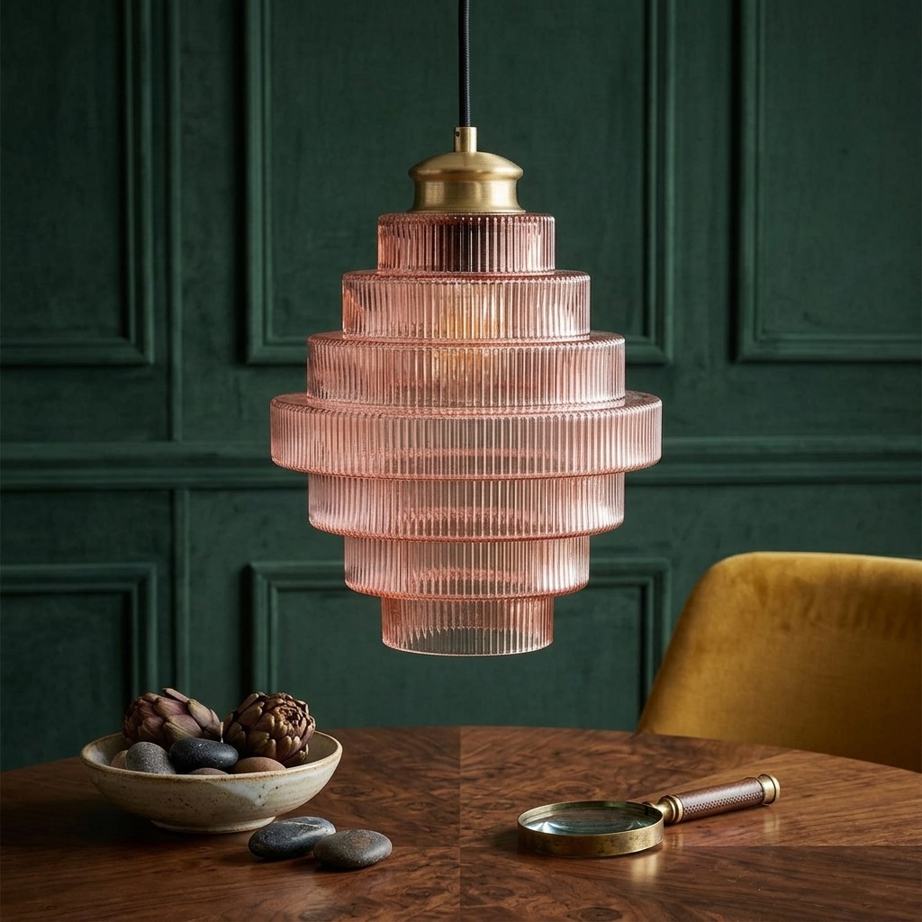 Roze Kaleon hanglamp boven houten tafel