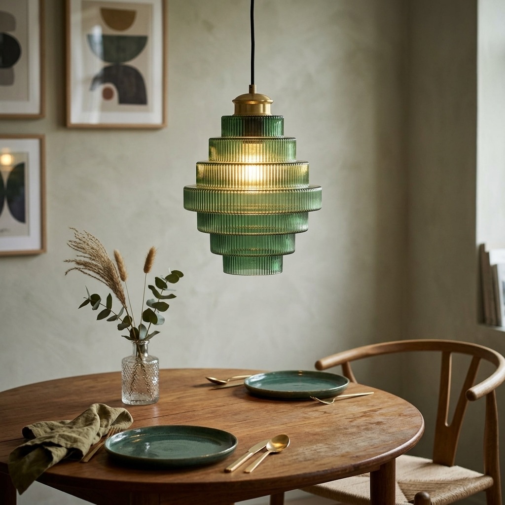 Groene Kaleon hanglamp boven ronde tafel
