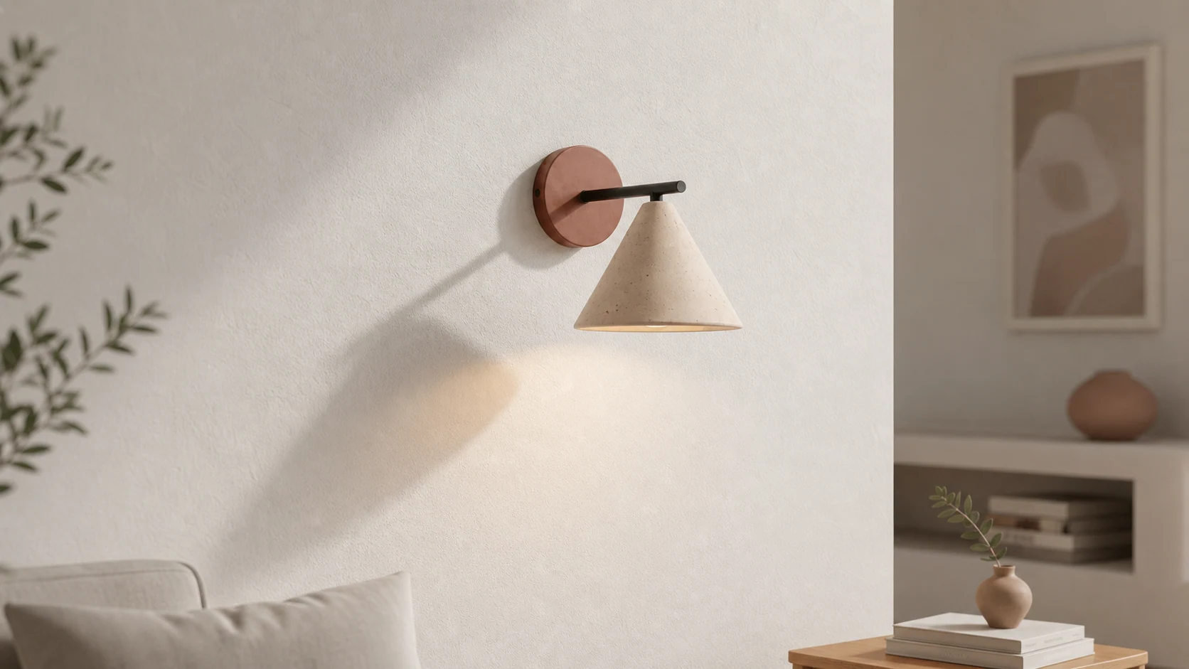 Travira conical travertine wall fixture in a warm interior scene