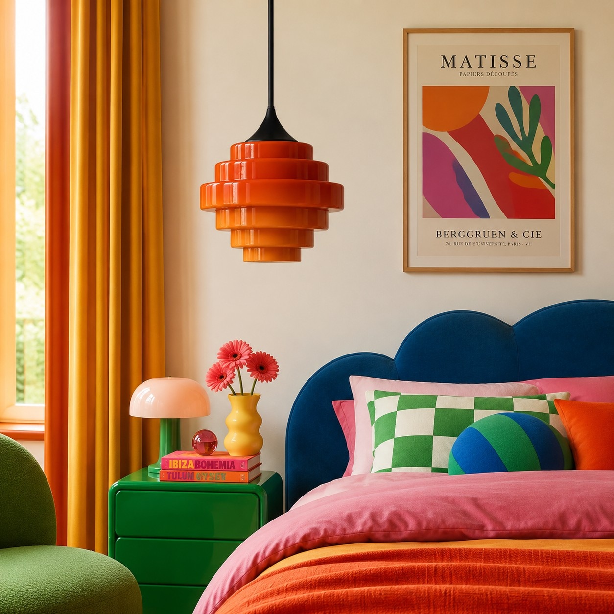 Orangefarbene Sanenos-Glaspendelleuchte in einem Retro-Schlafzimmer