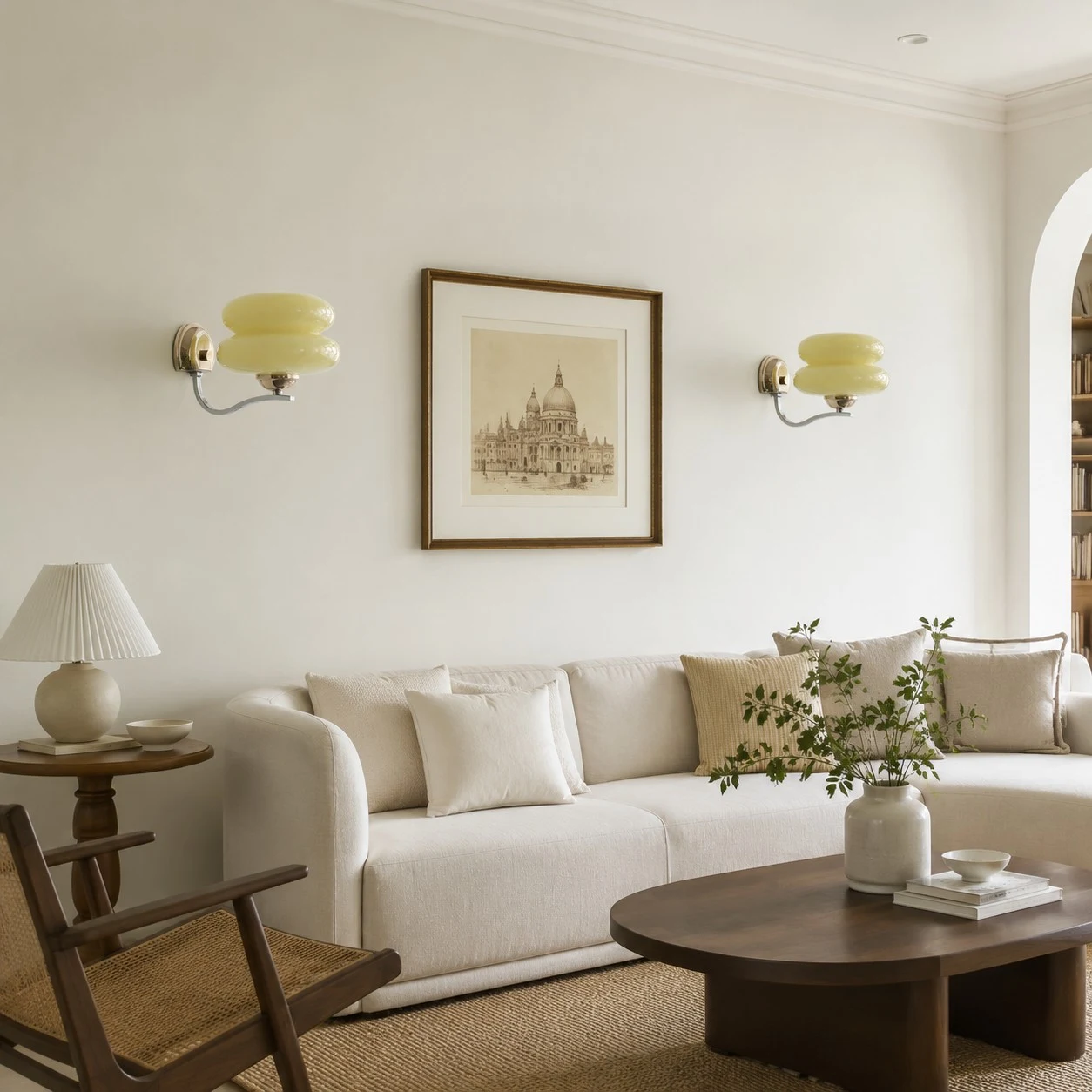Beige single-head wall sconce in a living room