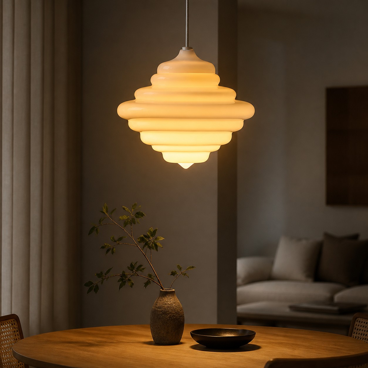 One white glass pendant above a round dining table