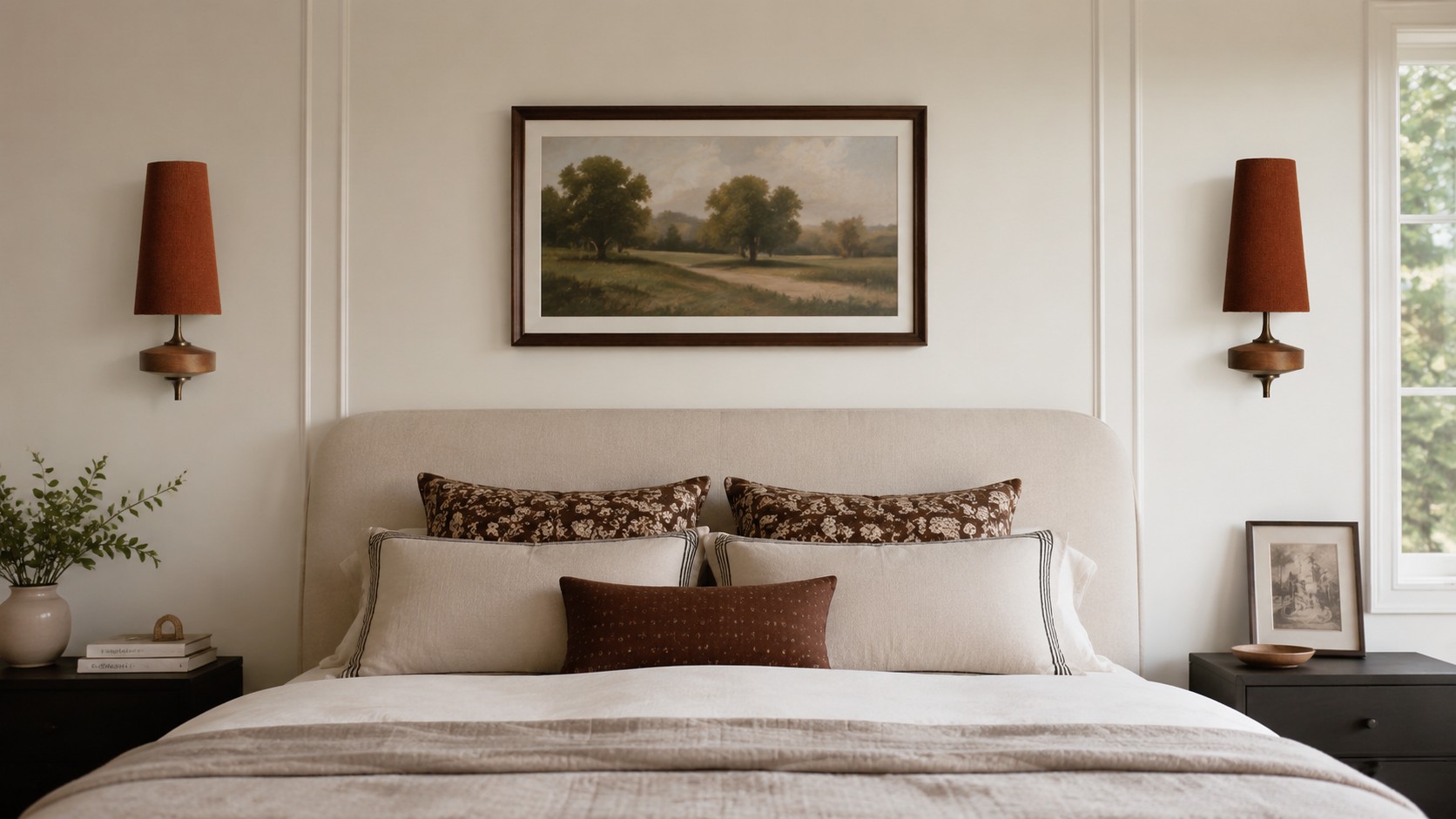 Hour Rho wall lamps styled beside a bedroom