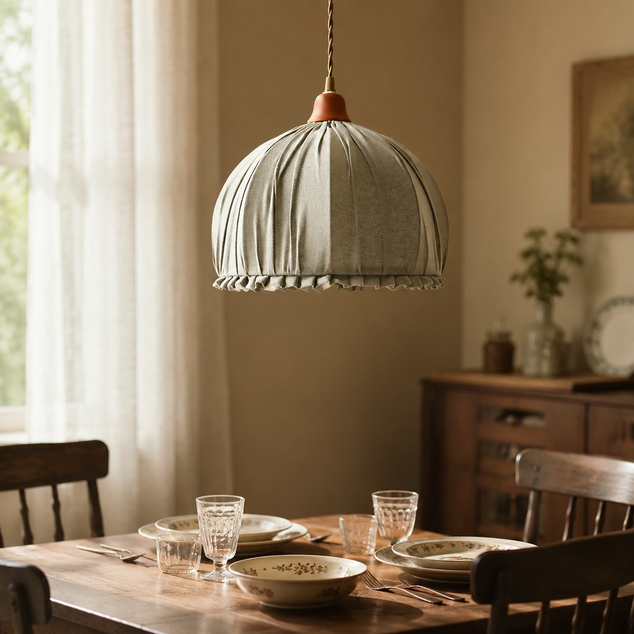 Sage Green pendant light above a dining table