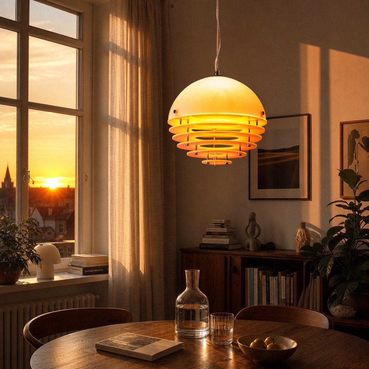 Orange and white Bauhaus Sunset Pendant Lamp above a dining table