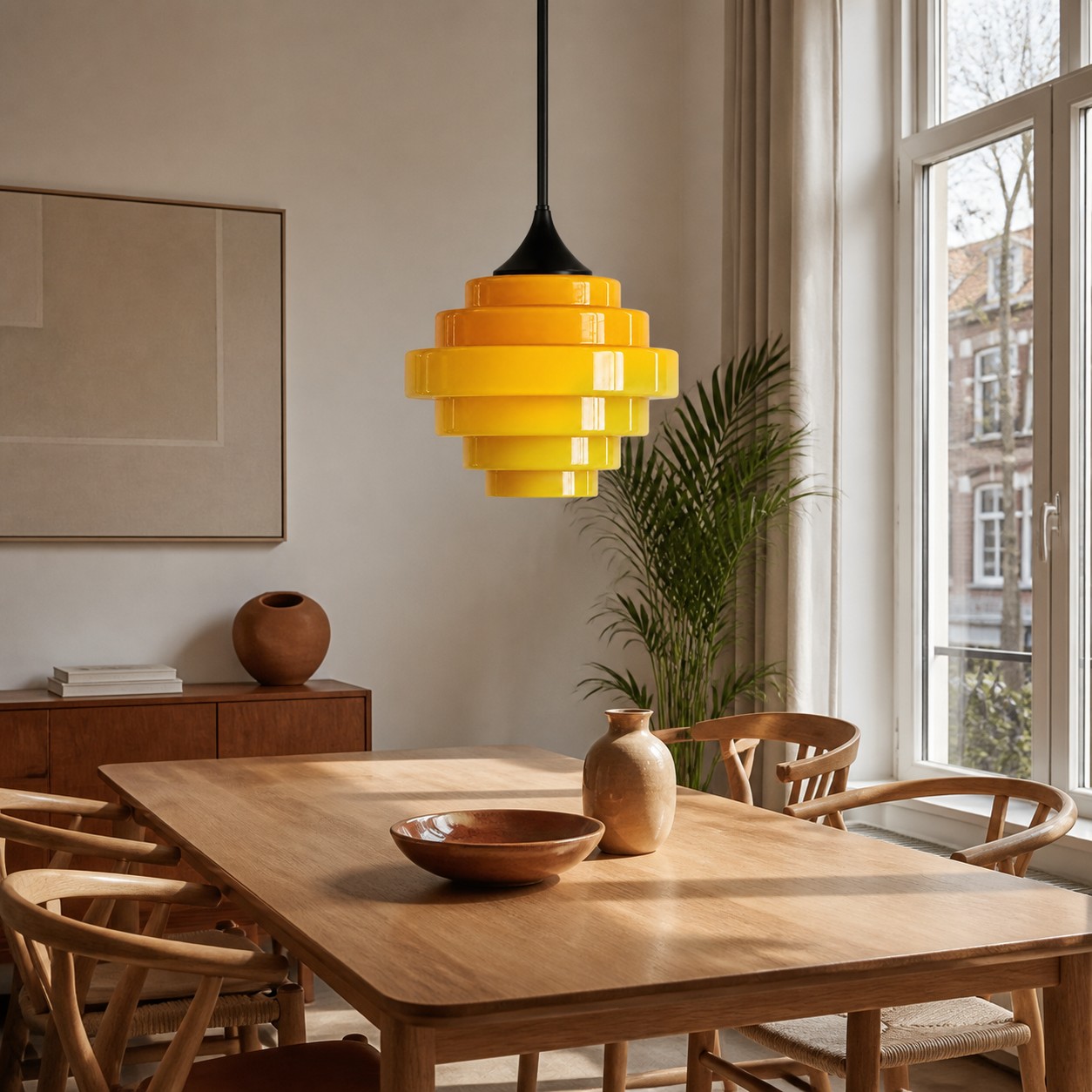 Yellow Sanenos pendant light in a warm dining room