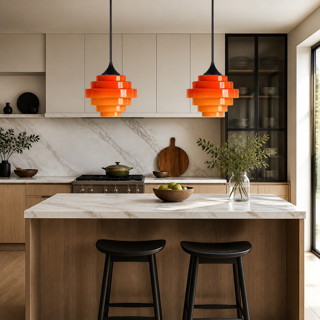 Pair of orange Sanenos pendant lights above a kitchen island