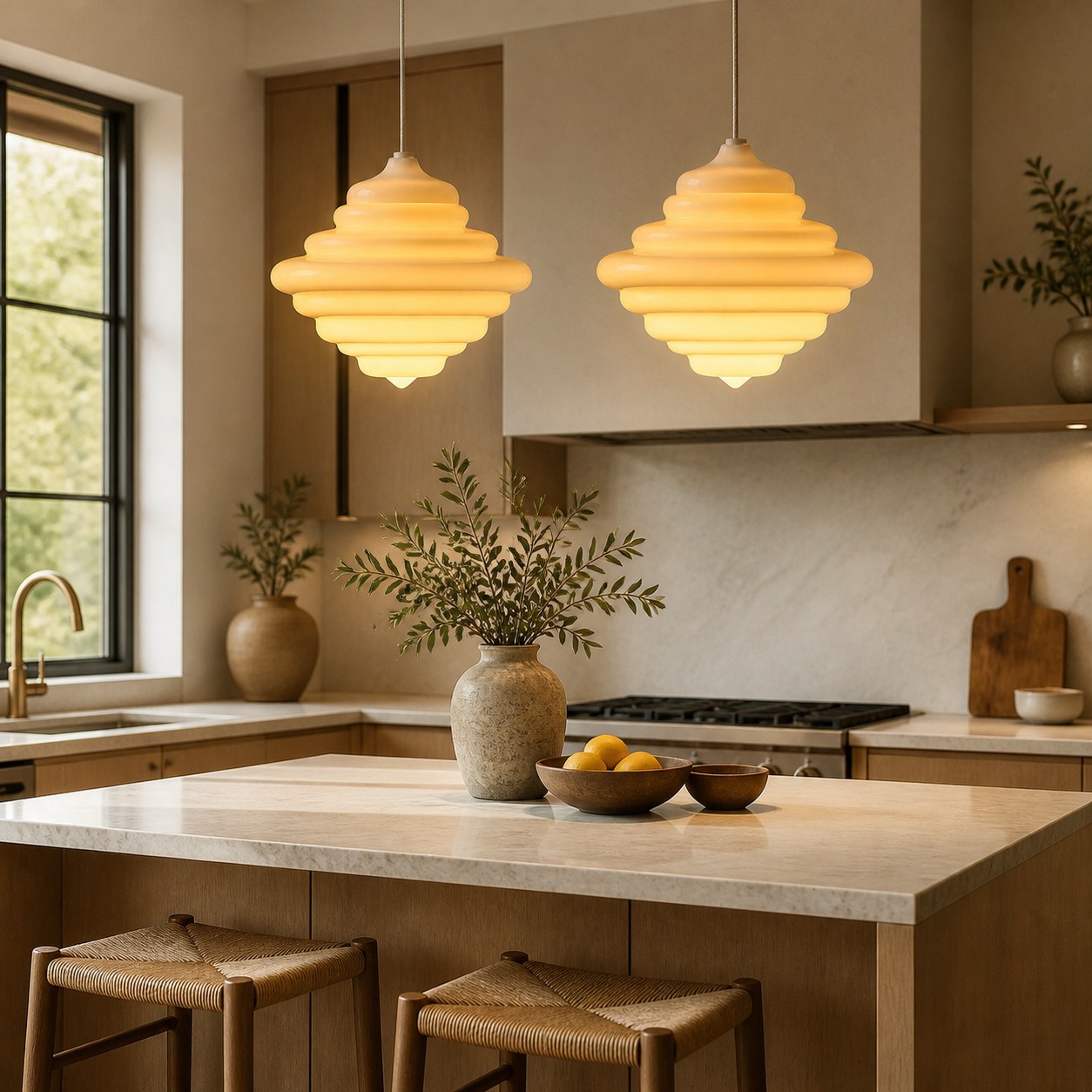 Two white glass pendant lights above a kitchen island