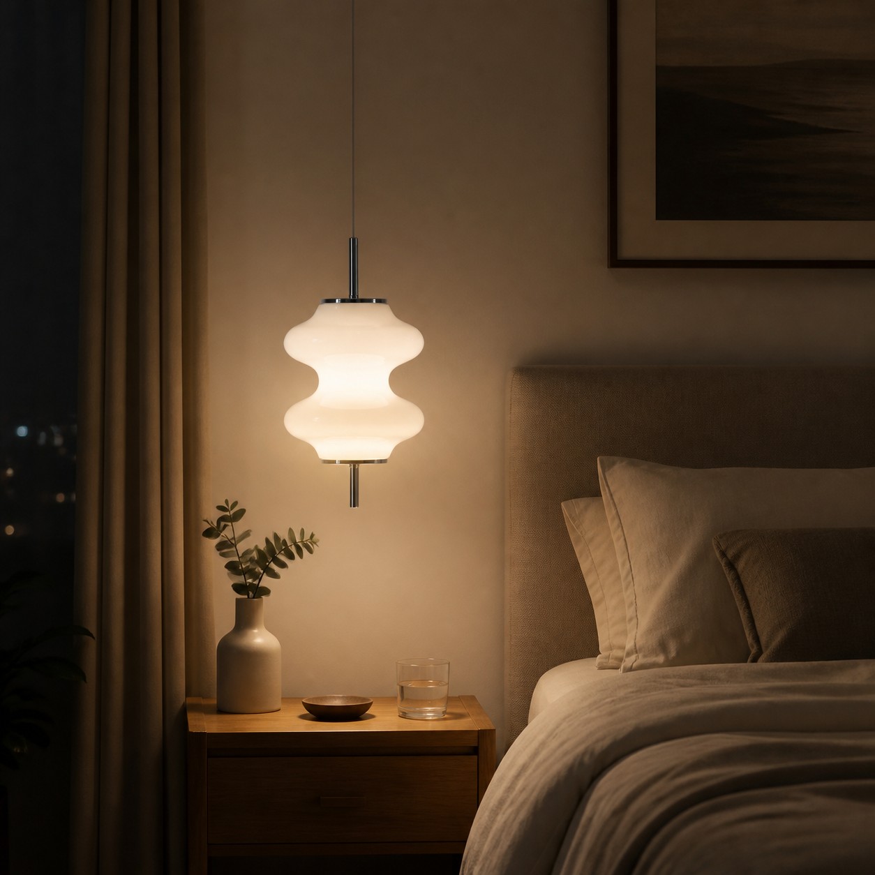 Mallew layered opal glass pendant glowing in a warm interior