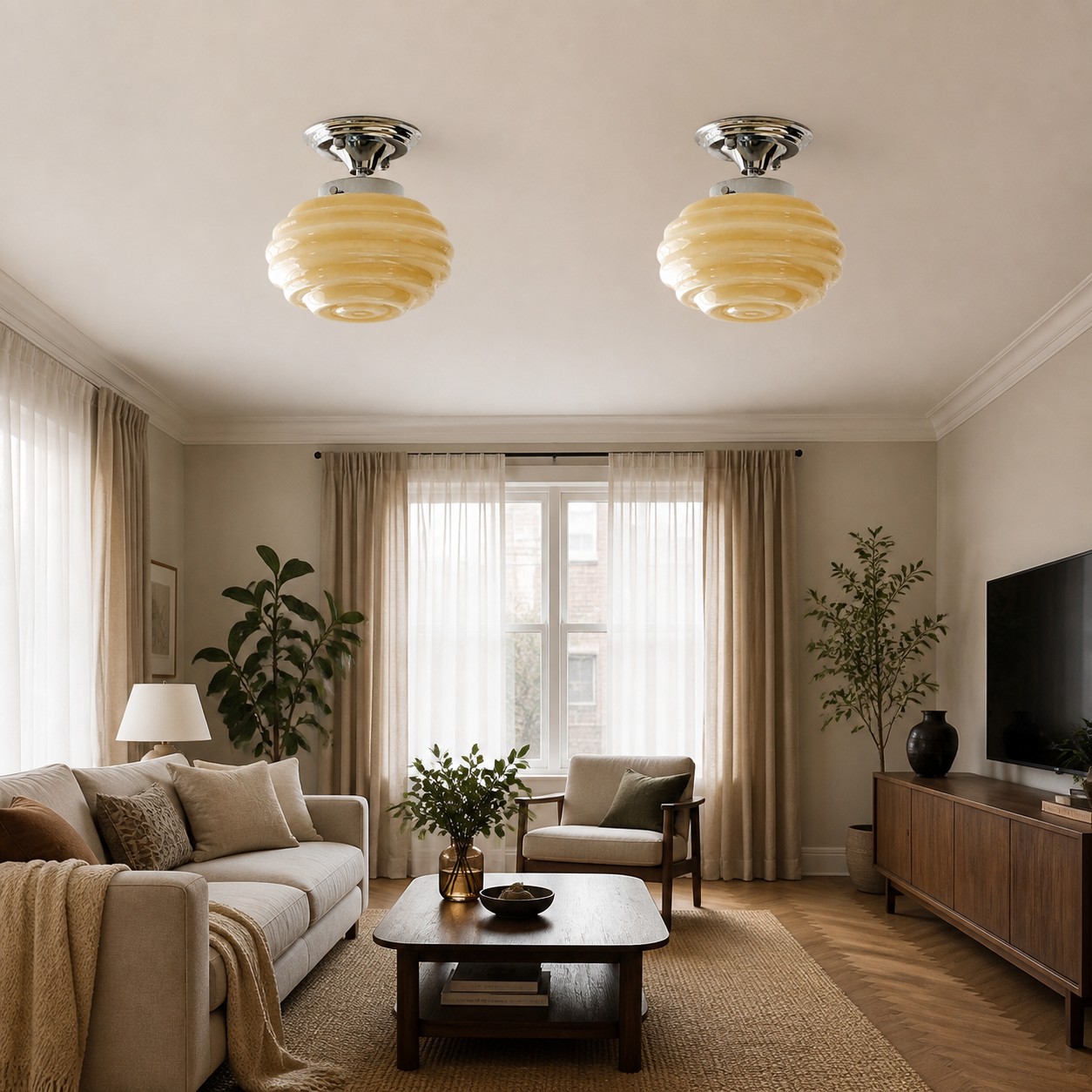 Two cream yellow Cirren ceiling lights in a living room