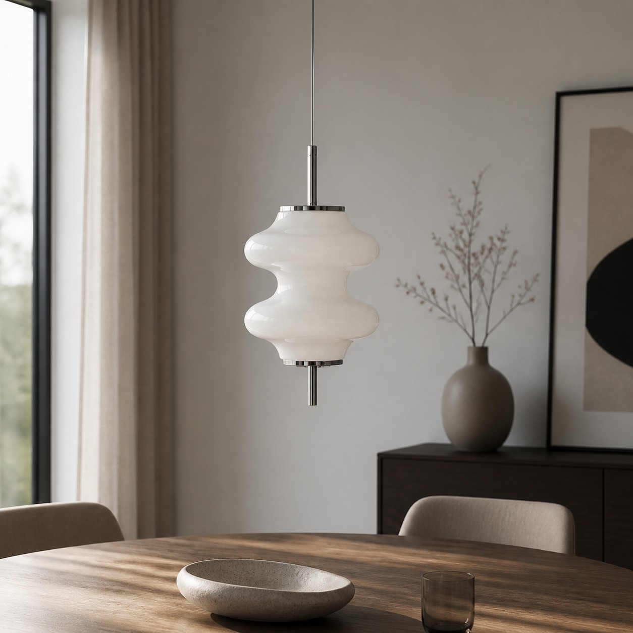 Mallew pendant shown in daylight and warm evening light