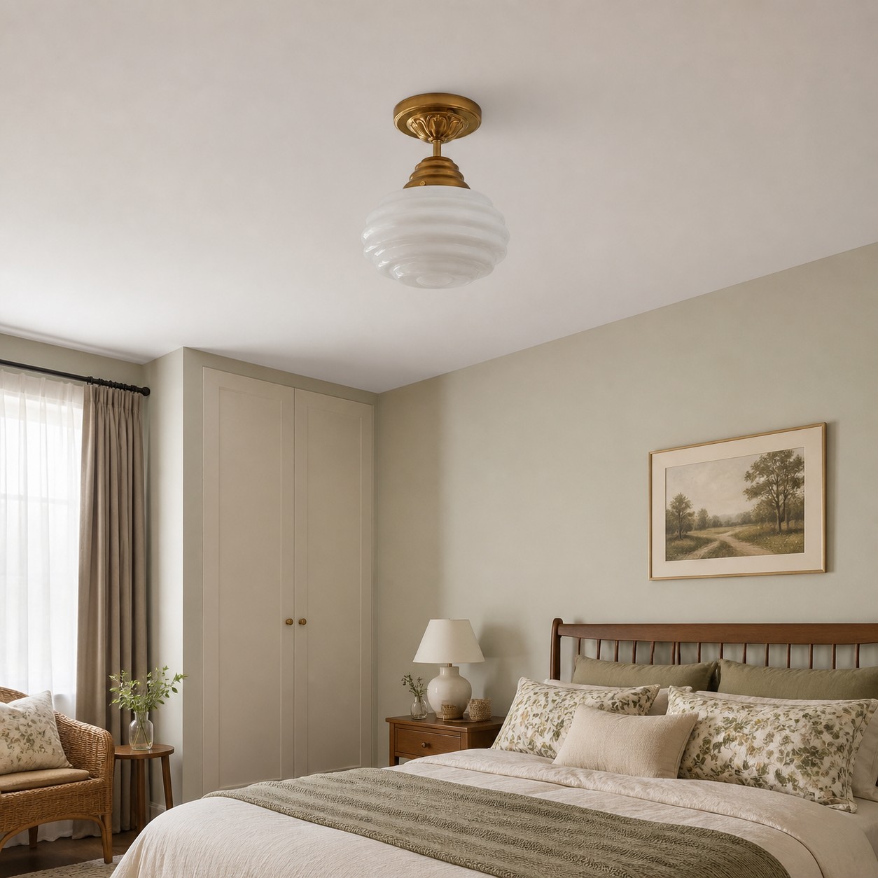 White and brass Cirren ceiling light in a bedroom