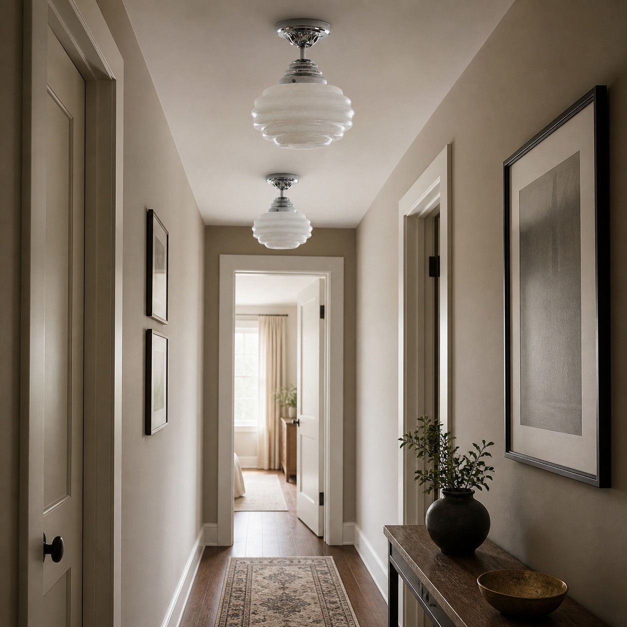 White Cirren ceiling lights along a hallway