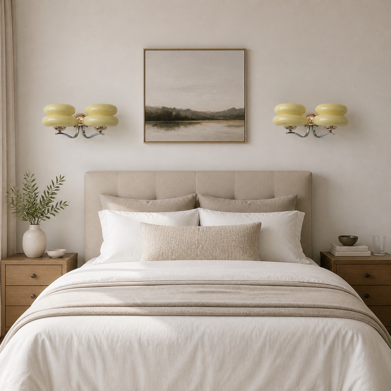 Beige double-head wall sconces framing a bed