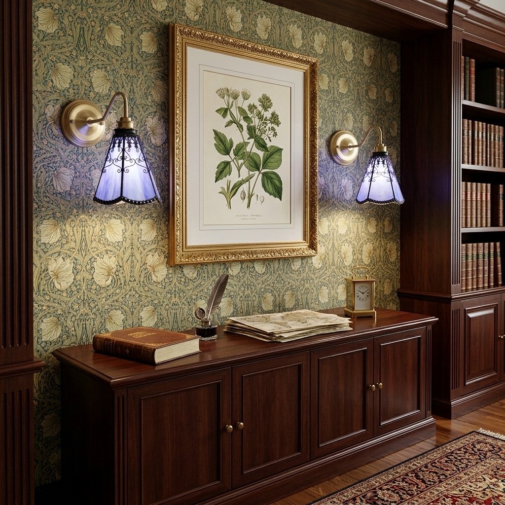 Pair of gradient purple wall sconces above a hallway console