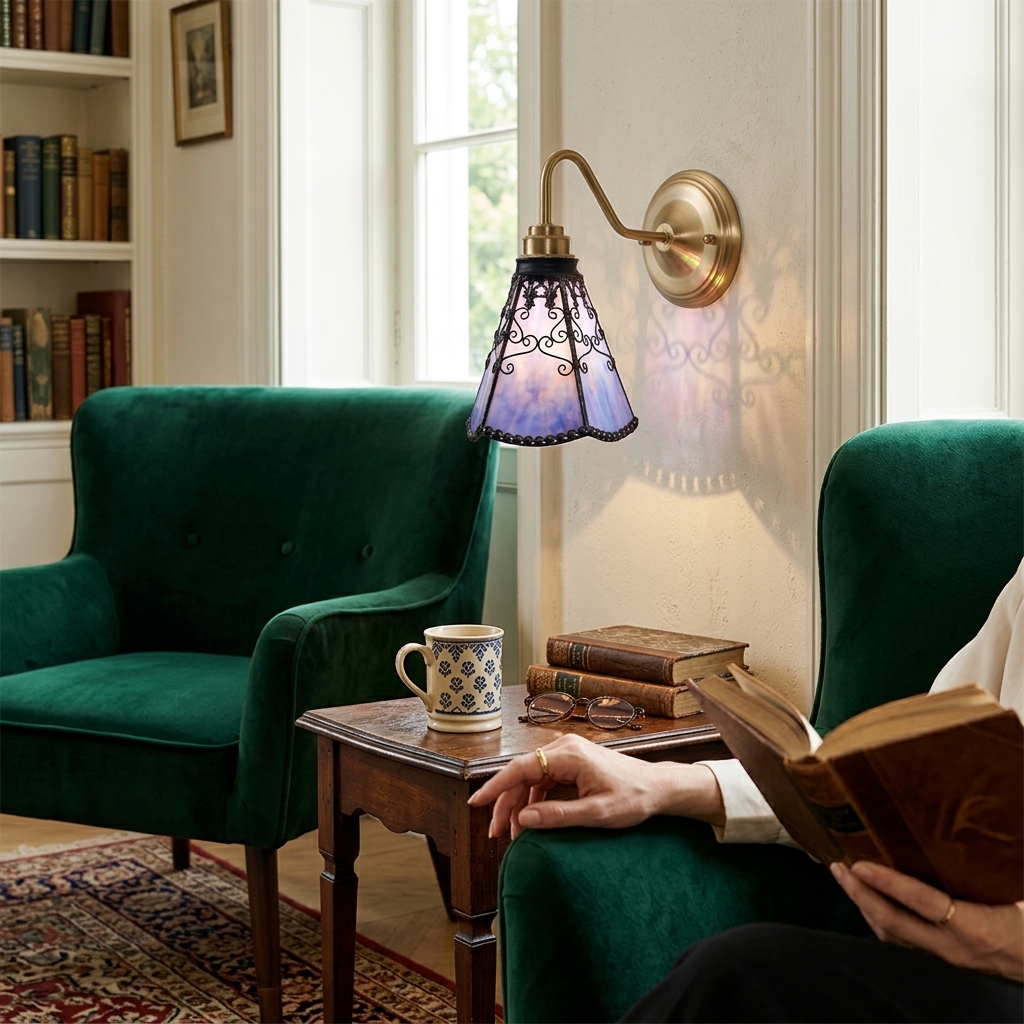 Gradient purple wall sconce between reading chairs