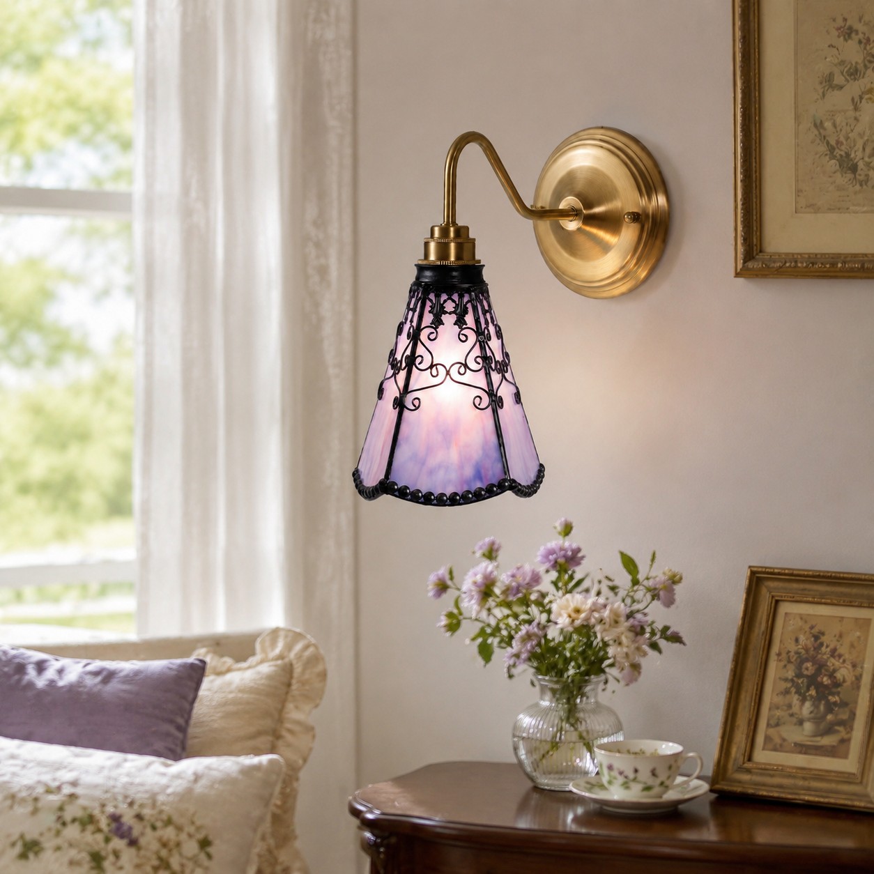 Gradient purple wall sconce in a softly furnished living room