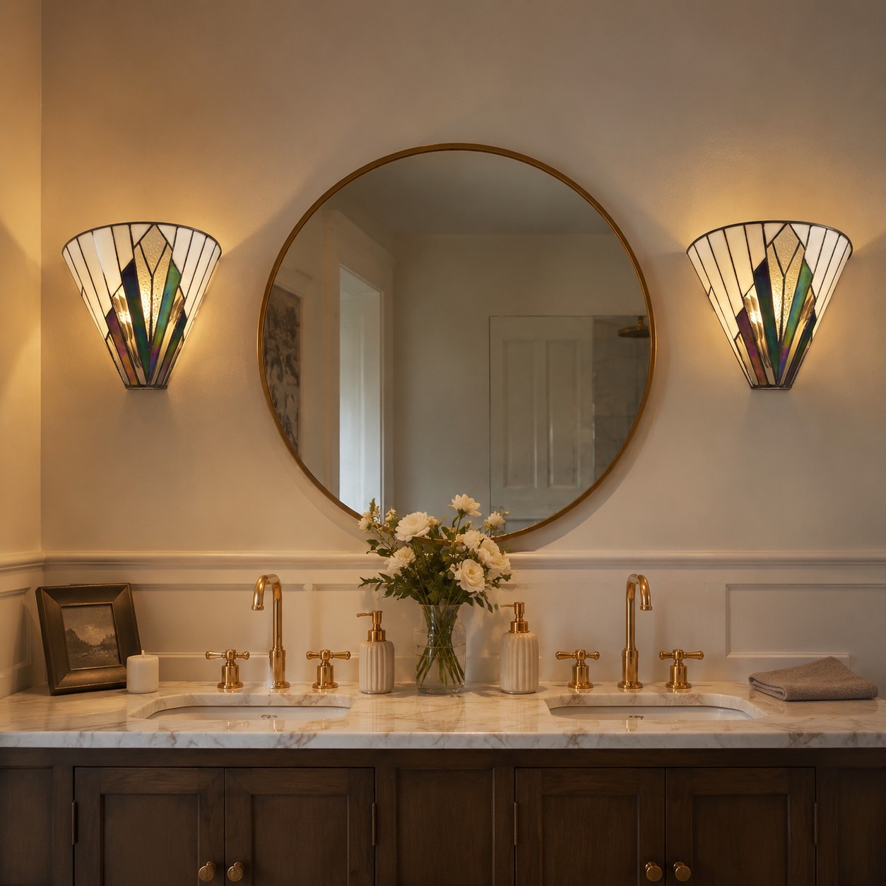 Pair of TF Astoria wall lamps beside a bathroom mirror