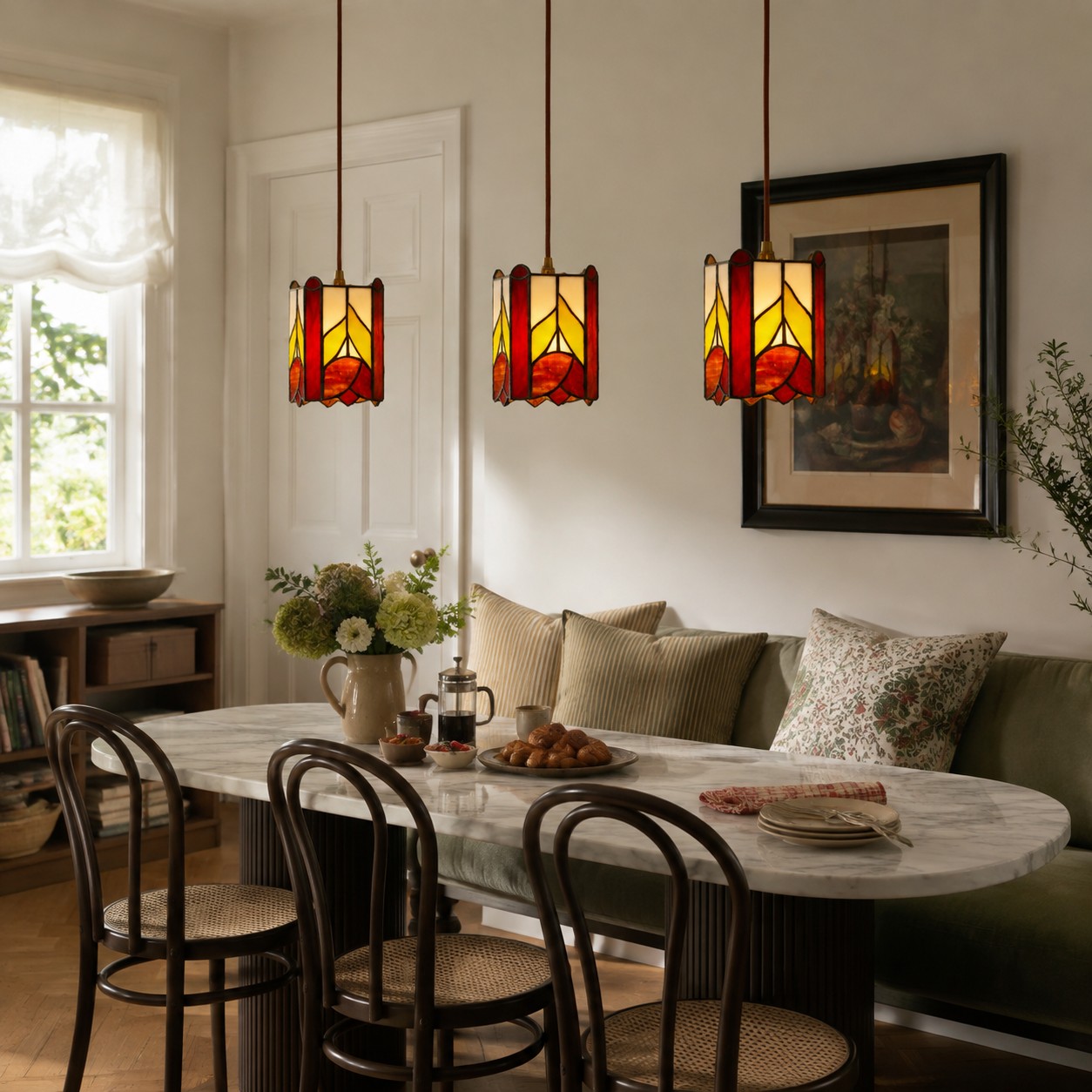Three rose motif pendants over a dining table
