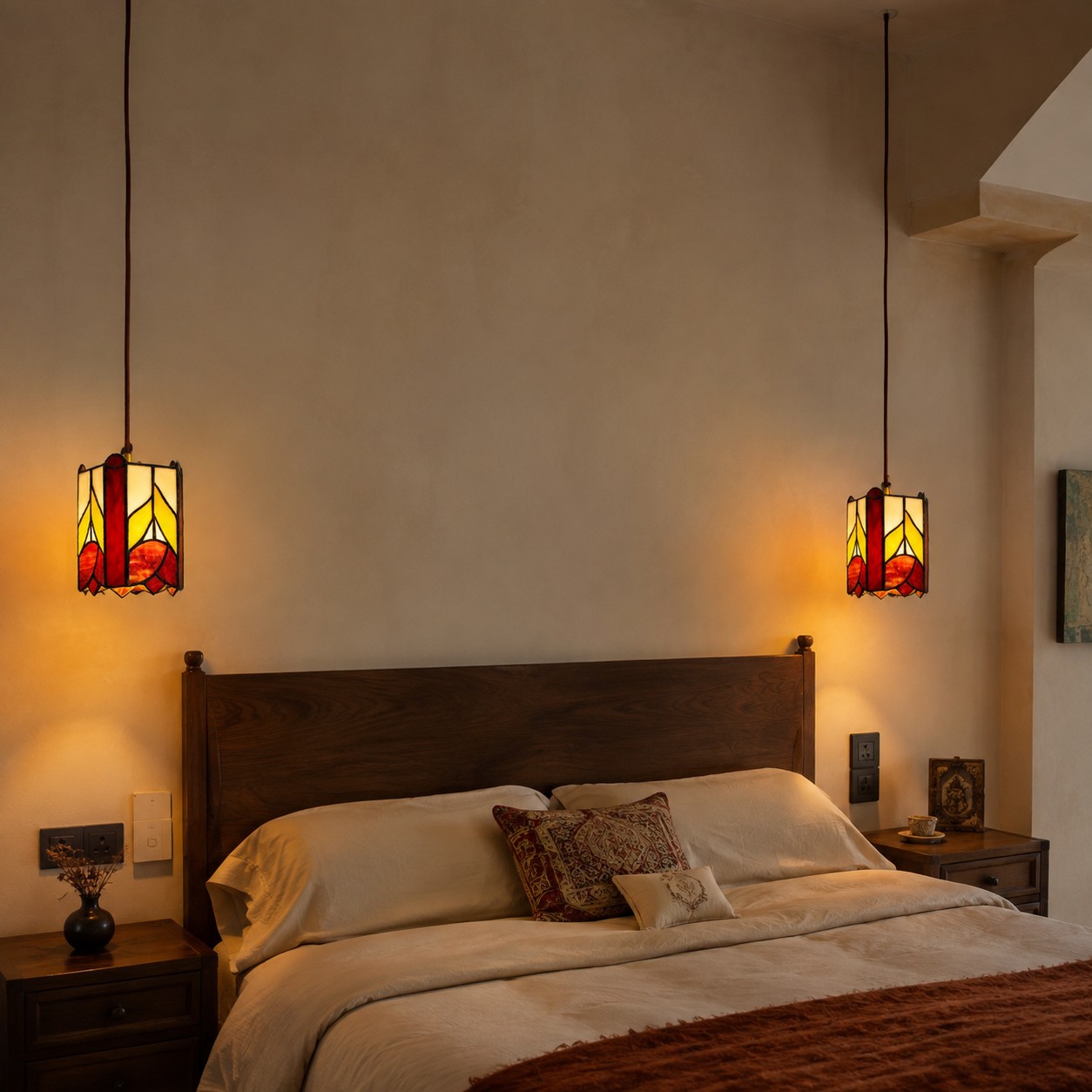 Two rose motif pendants beside a bed
