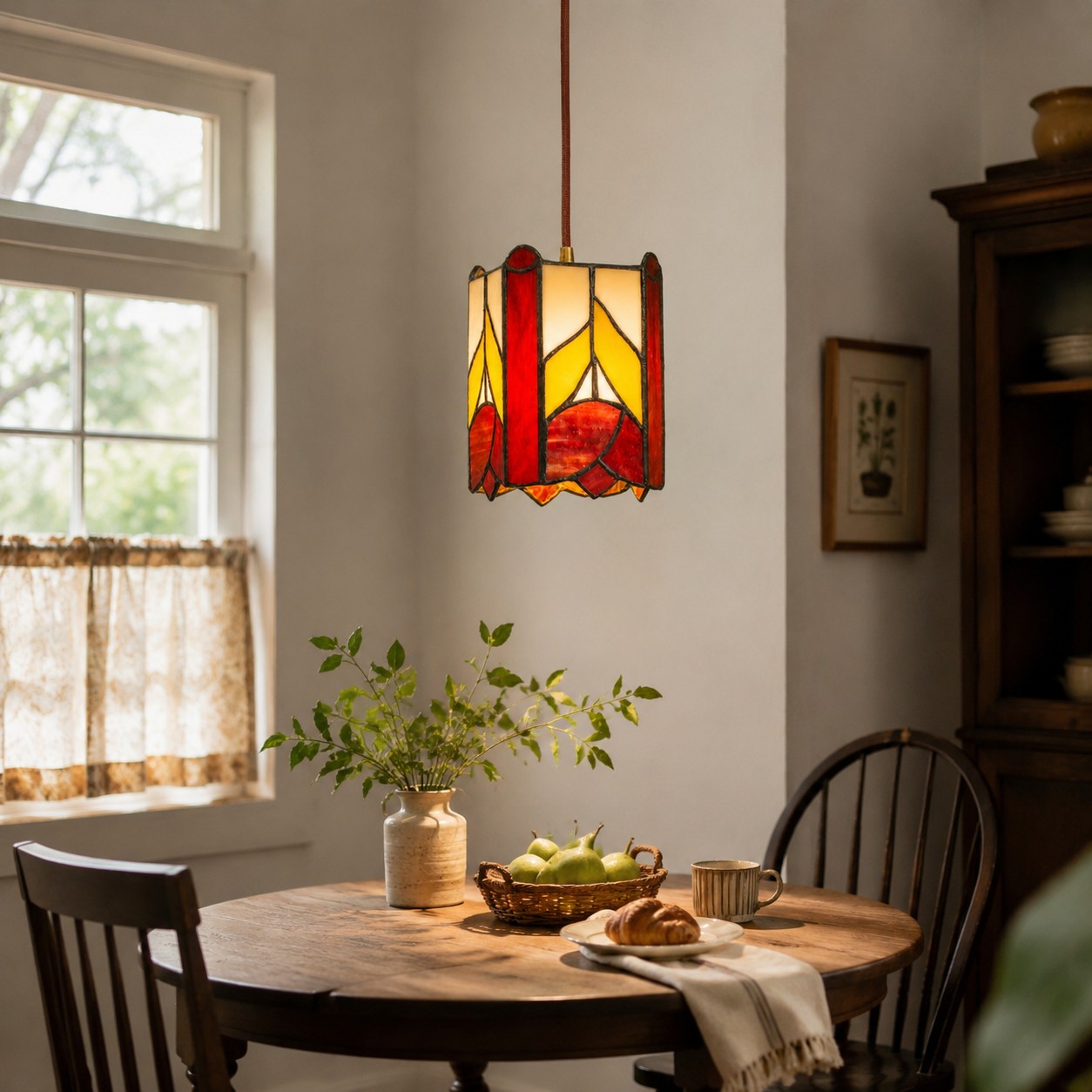 Rose motif pendant above a breakfast table