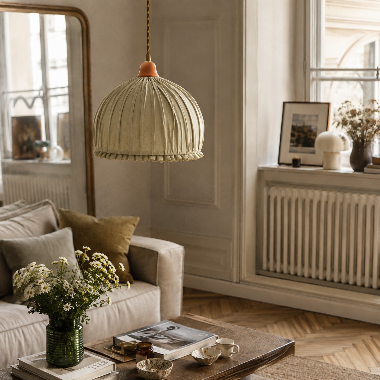 Sage Green pendant light in a living room