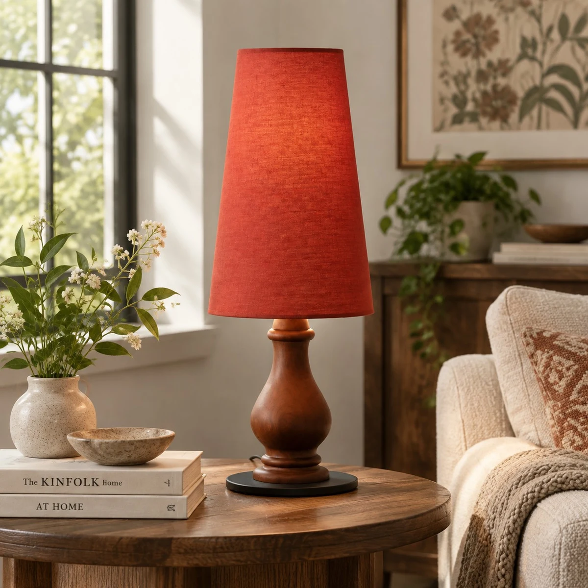 Red shade table lamp on a bedside table