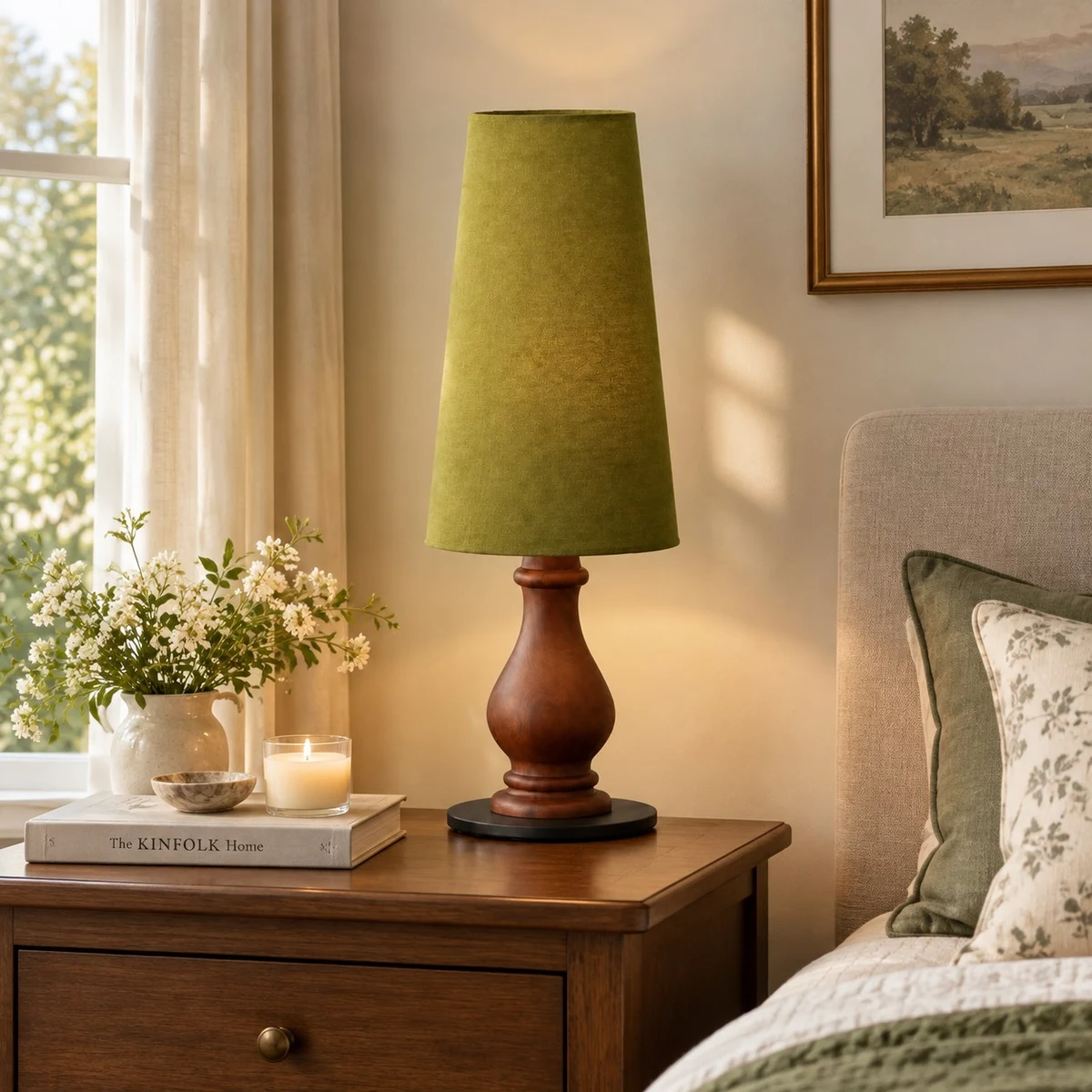 Green shade table lamp on a bedside table