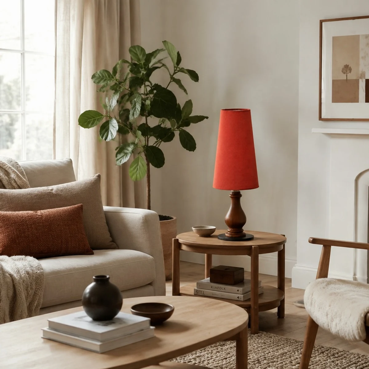 Red shade table lamp in a living room