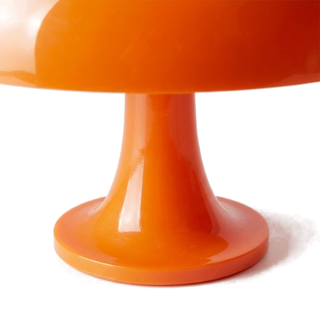 Close view of the glossy orange stem and broad circular base