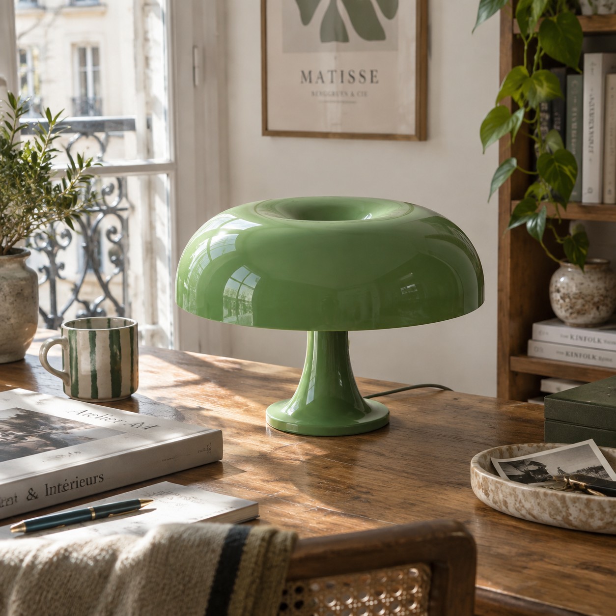 Yellow mushroom table lamp on a cabinet beside a window