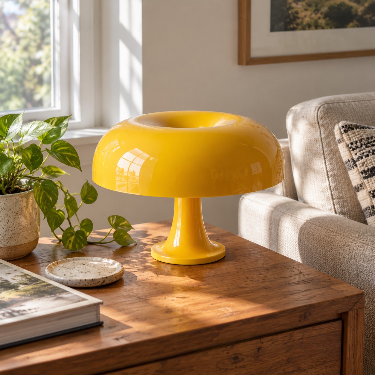 Apple Green mushroom table lamp on a round table