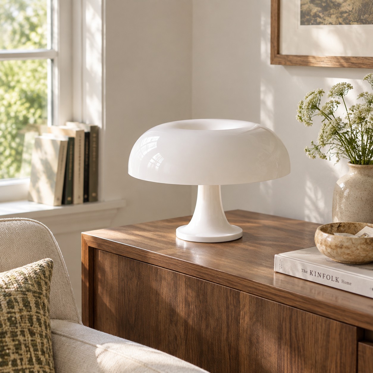 Orange mushroom table lamp on a living-room sideboard