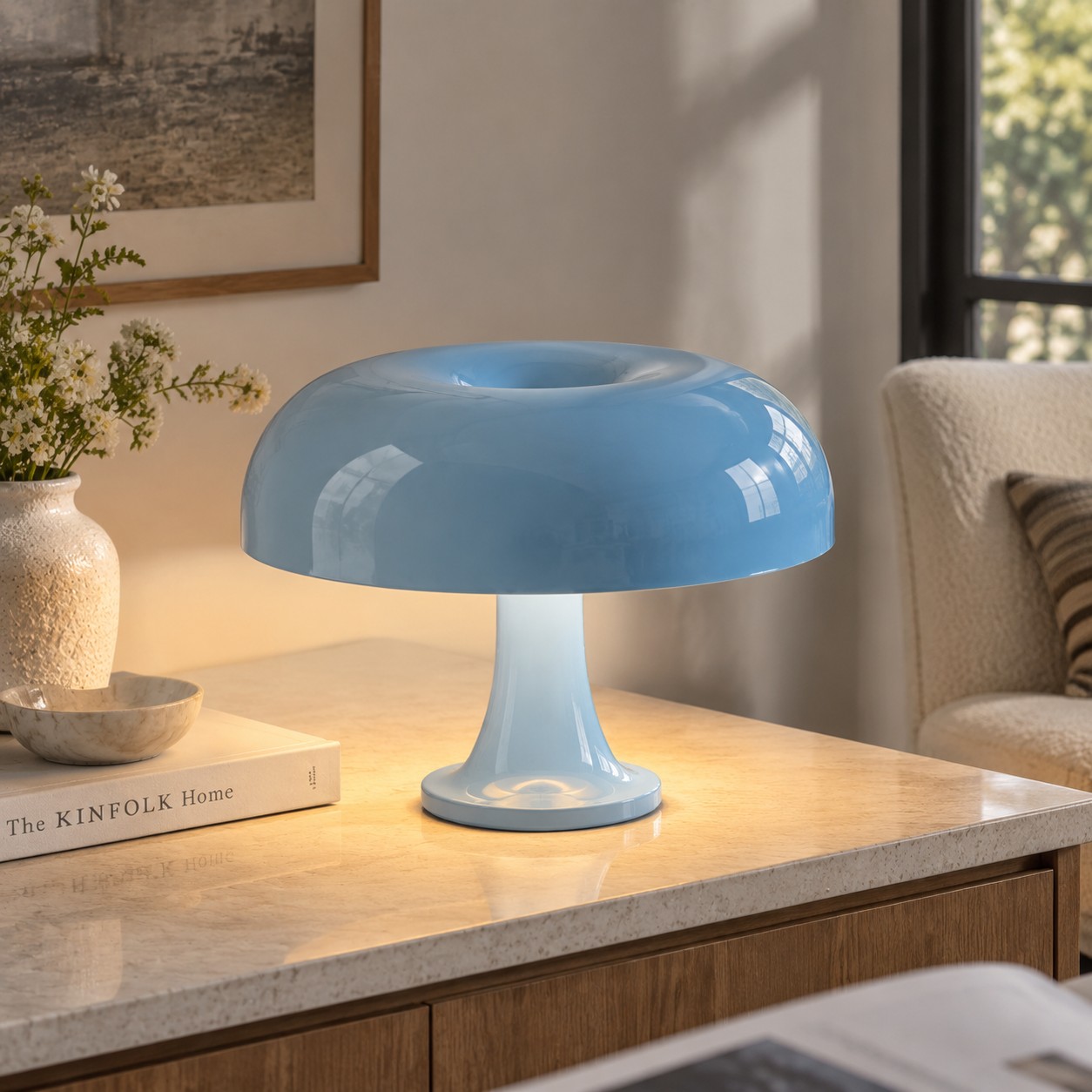 Orange mushroom table lamp on a bedroom bedside table