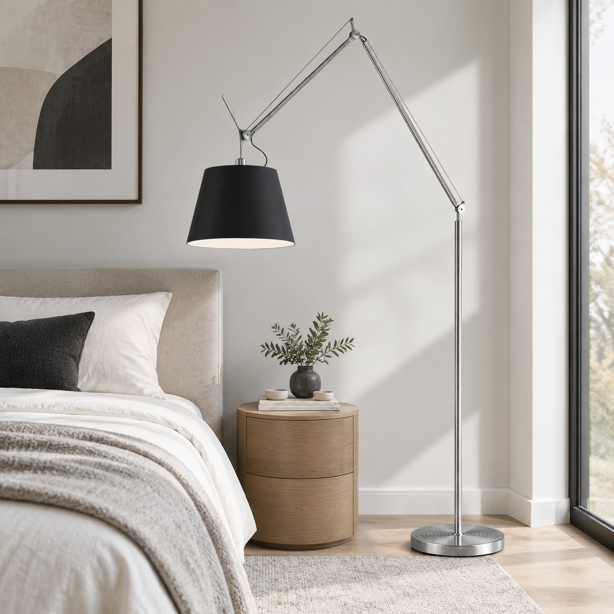 White shade floor lamp in a bedroom