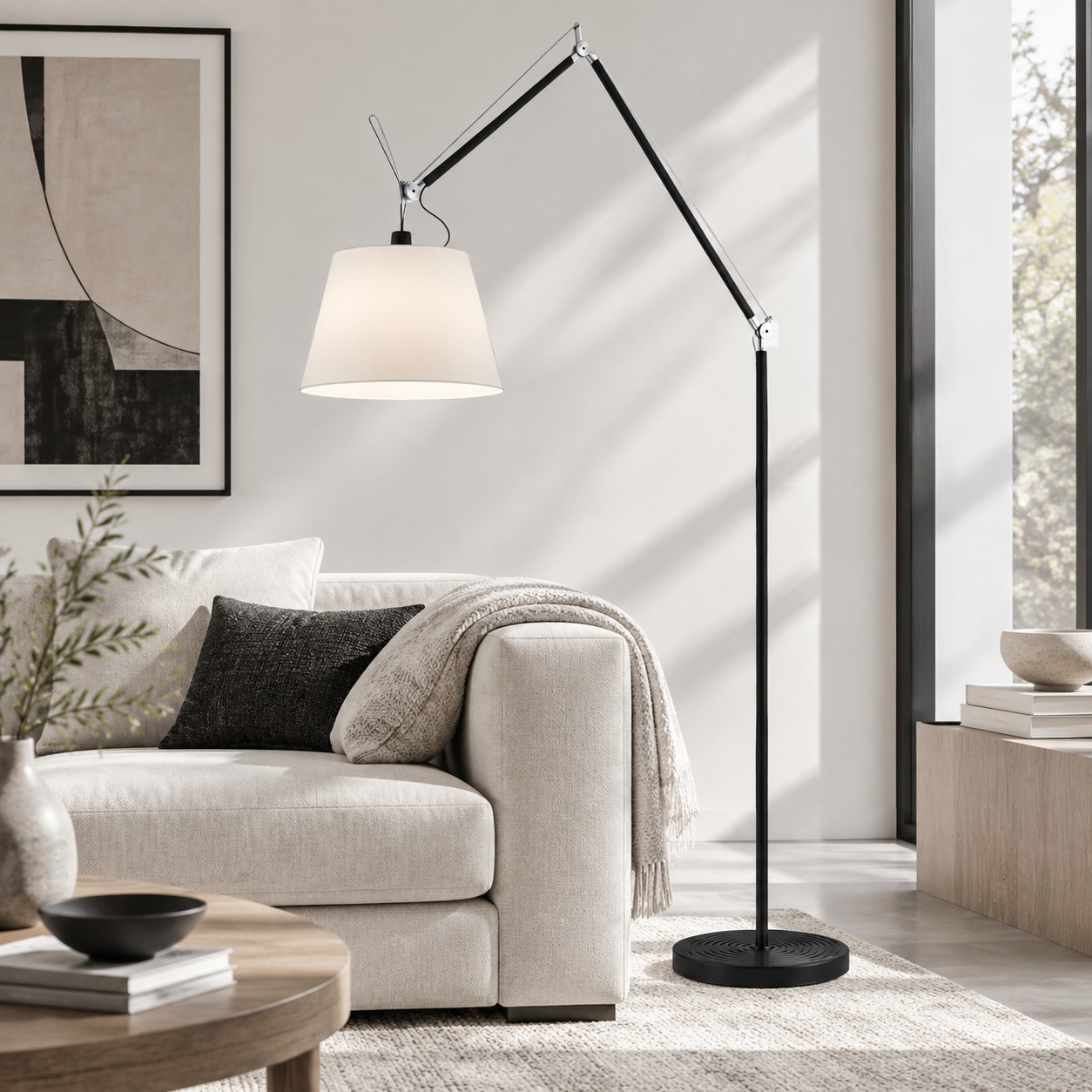 White shade floor lamp beside a sofa